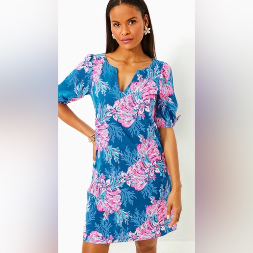 Lilly Pulitzer Dress Easley Short Sleeve  Multi for the Fans pattern Vibrant